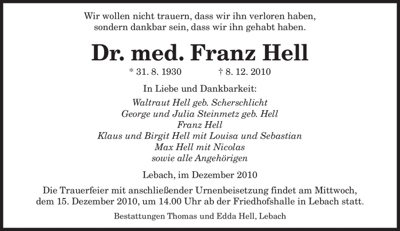  Traueranzeige für Franz Hell vom 13.12.2010 aus SAARBRÜCKER ZEITUNG