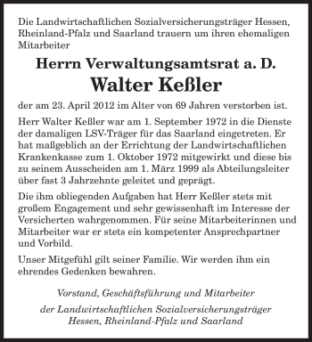 Traueranzeige von Walter Keßler von SAARBRÜCKER ZEITUNG