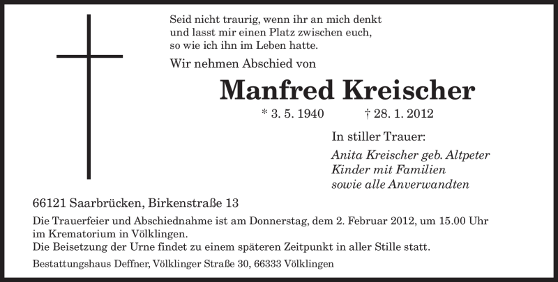  Traueranzeige für Manfred Kreischer vom 31.01.2012 aus SAARBRÜCKER ZEITUNG
