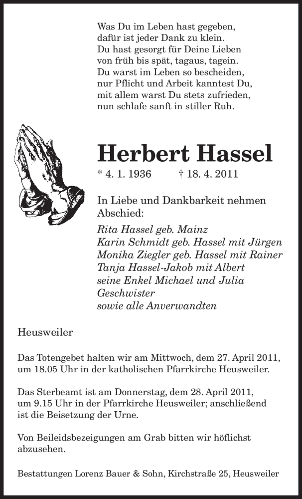  Traueranzeige für Herbert Hassel vom 23.04.2011 aus SAARBRÜCKER ZEITUNG