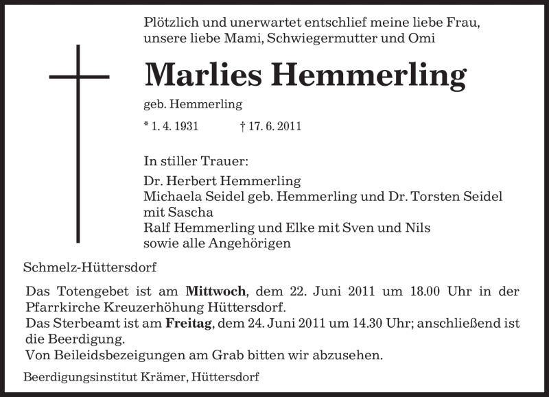  Traueranzeige für Marlies Hemmerling vom 21.06.2011 aus SAARBRÜCKER ZEITUNG