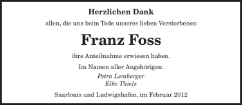 Traueranzeige von Franz Foss von SAARBRÜCKER ZEITUNG