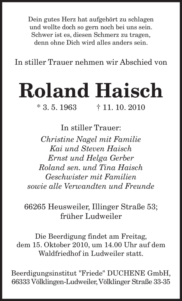  Traueranzeige für Roland Haisch vom 13.10.2010 aus SAARBRÜCKER ZEITUNG