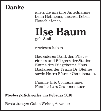 Traueranzeige von Ilse Baum von SAARBRÜCKER ZEITUNG