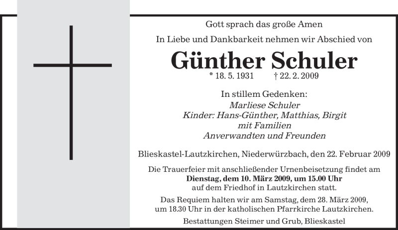  Traueranzeige für Günther Schuler vom 28.02.2009 aus SAARBRÜCKER ZEITUNG