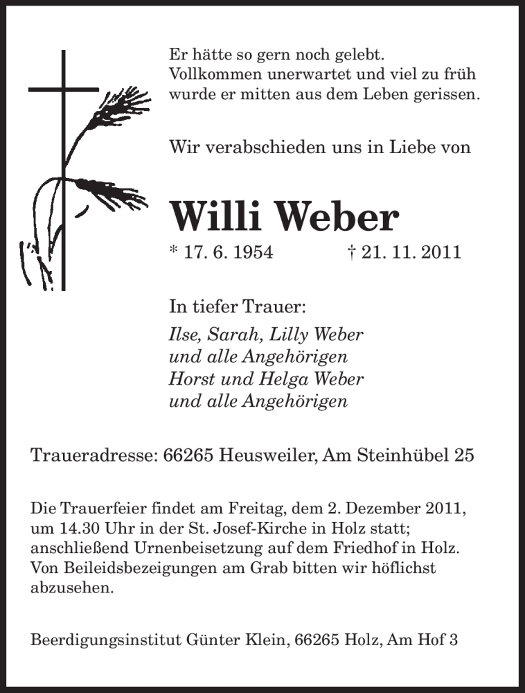 Traueranzeige für Willi Weber vom 29.11.2011 aus SAARBRÜCKER ZEITUNG