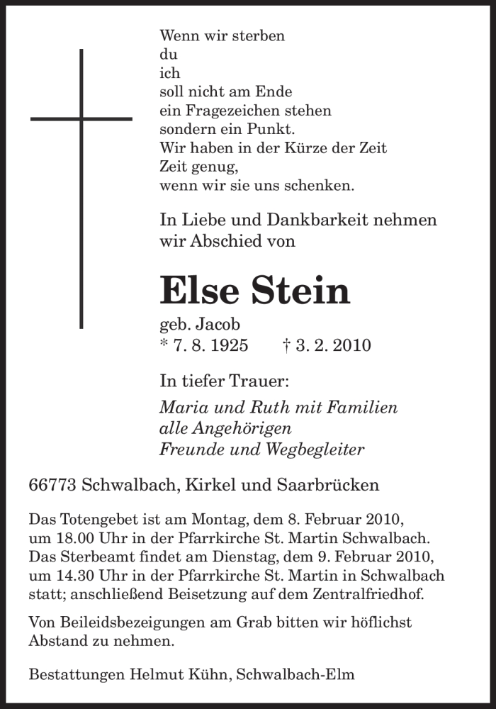  Traueranzeige für Else Stein vom 06.02.2010 aus SAARBRÜCKER ZEITUNG