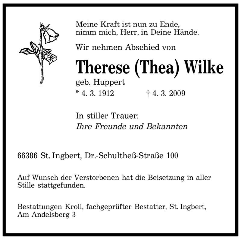  Traueranzeige für Therese Wilke vom 14.03.2009 aus SAARBRÜCKER ZEITUNG