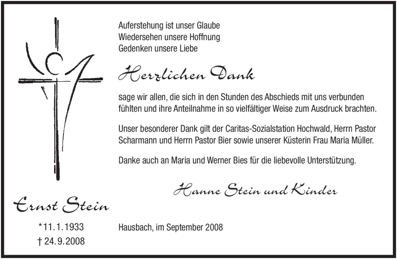  Traueranzeige für Ernst Stein vom 13.10.2008 aus SAARBRÜCKER ZEITUNG