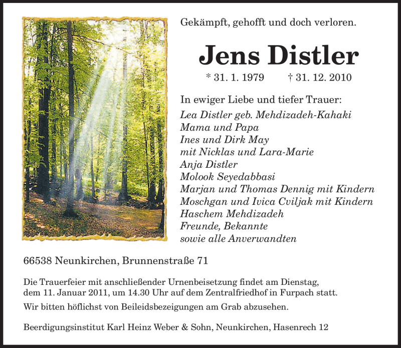  Traueranzeige für Jens Distler vom 05.01.2011 aus SAARBRÜCKER ZEITUNG
