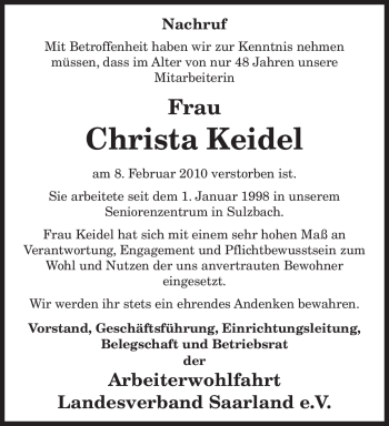 Traueranzeige von Christa Keidel von SAARBRÜCKER ZEITUNG
