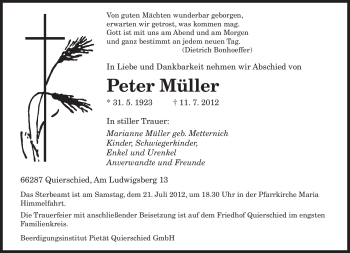 Traueranzeige von Peter Müller von SAARBRÜCKER ZEITUNG