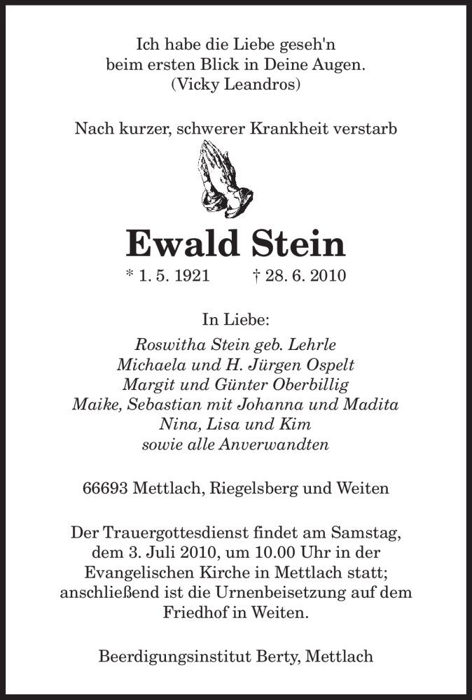  Traueranzeige für Ewald Stein vom 01.07.2010 aus SAARBRÜCKER ZEITUNG