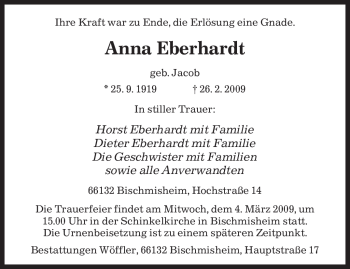 Traueranzeige von Anna Eberhardt von SAARBRÜCKER ZEITUNG