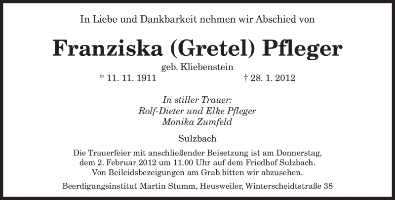  Traueranzeige für Franziska Pfleger vom 31.01.2012 aus SAARBRÜCKER ZEITUNG
