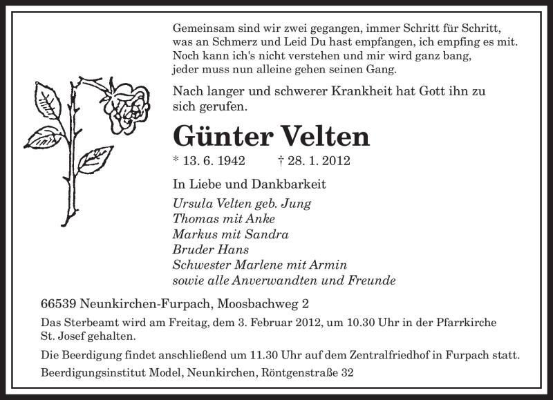  Traueranzeige für Günter Velten vom 01.02.2012 aus SAARBRÜCKER ZEITUNG