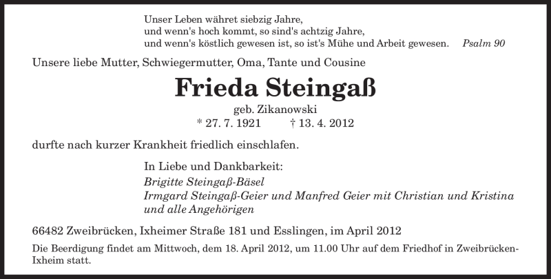  Traueranzeige für Frieda Steingaß vom 14.04.2012 aus SAARBRÜCKER ZEITUNG