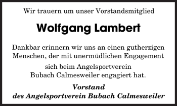 Traueranzeige von Wolfgang Lambert von SAARBRÜCKER ZEITUNG