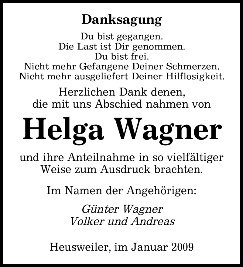  Traueranzeige für Helga Wagner vom 07.01.2009 aus SAARBRÜCKER ZEITUNG