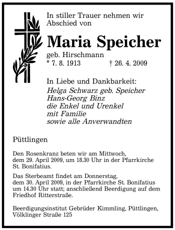 Traueranzeige von Maria Speicher von SAARBRÜCKER ZEITUNG