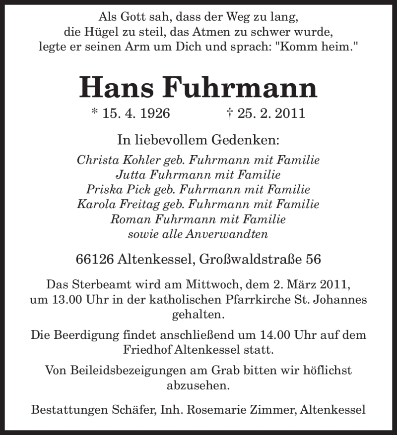  Traueranzeige für Hans Fuhrmann vom 28.02.2011 aus SAARBRÜCKER ZEITUNG
