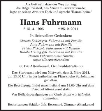 Traueranzeige von Hans Fuhrmann von SAARBRÜCKER ZEITUNG
