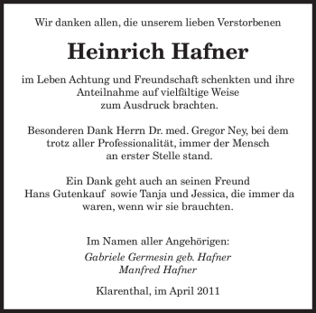 Traueranzeige von Heinrich Hafner von SAARBRÜCKER ZEITUNG
