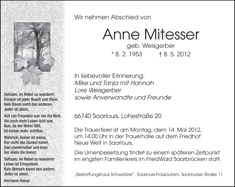  Traueranzeige für Anne Mitesser vom 11.05.2012 aus SAARBRÜCKER ZEITUNG