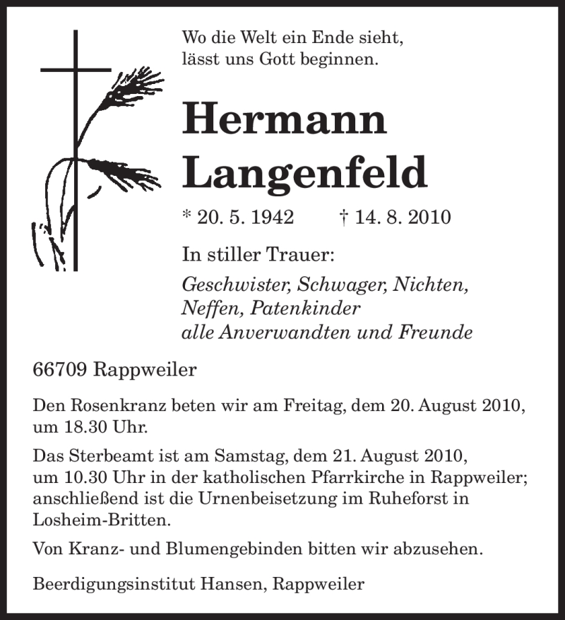  Traueranzeige für Hermann Langenfeld vom 18.08.2010 aus SAARBRÜCKER ZEITUNG