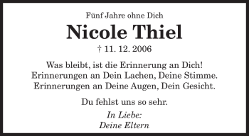 Traueranzeige von Nicole Thiel von SAARBRÜCKER ZEITUNG