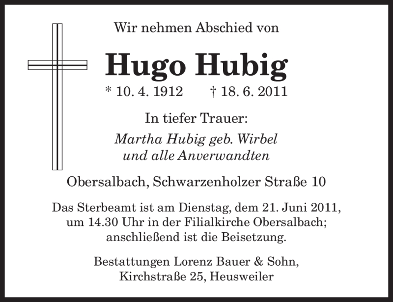  Traueranzeige für Hugo Hubig vom 21.06.2011 aus SAARBRÜCKER ZEITUNG
