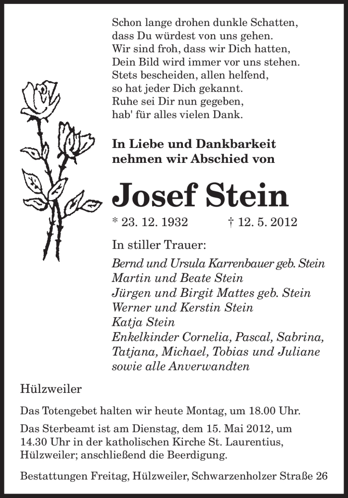  Traueranzeige für Josef Stein vom 14.05.2012 aus SAARBRÜCKER ZEITUNG