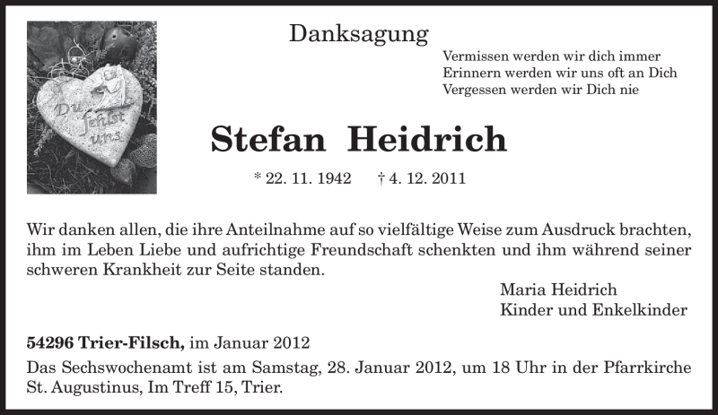  Traueranzeige für Stefan Heidrich vom 25.01.2012 aus SAARBRÜCKER ZEITUNG