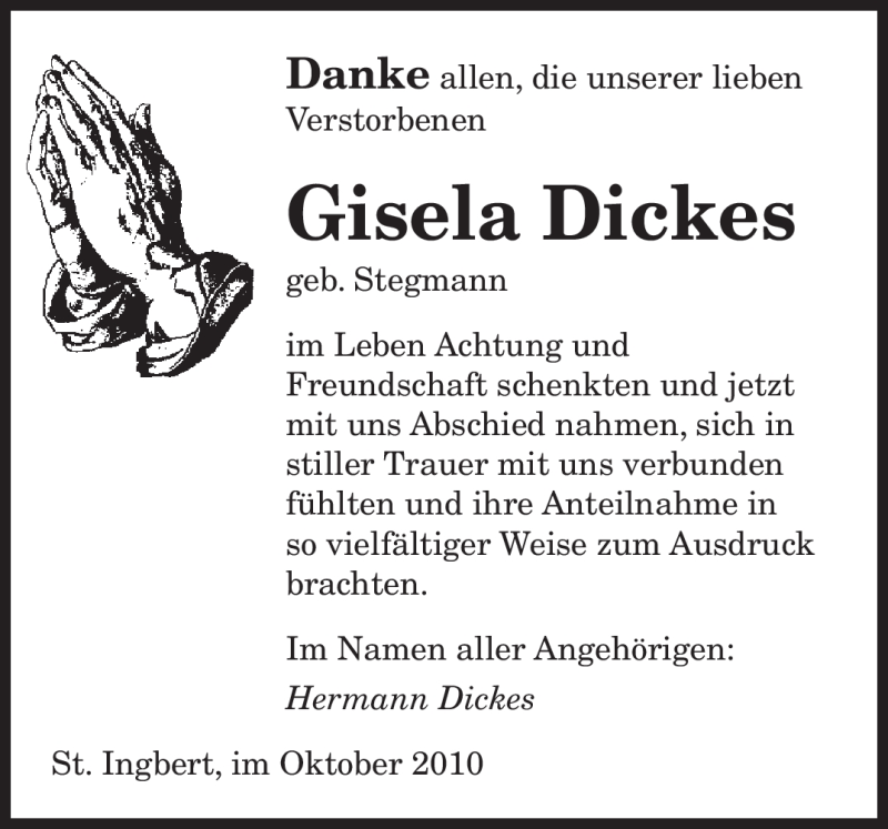  Traueranzeige für Gisela Dickes vom 02.10.2010 aus SAARBRÜCKER ZEITUNG