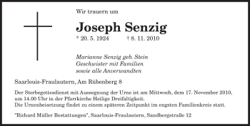 Traueranzeige von Joseph Senzig von SAARBRÜCKER ZEITUNG