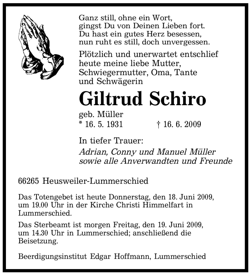  Traueranzeige für Giltrud Schiro vom 18.06.2009 aus SAARBRÜCKER ZEITUNG