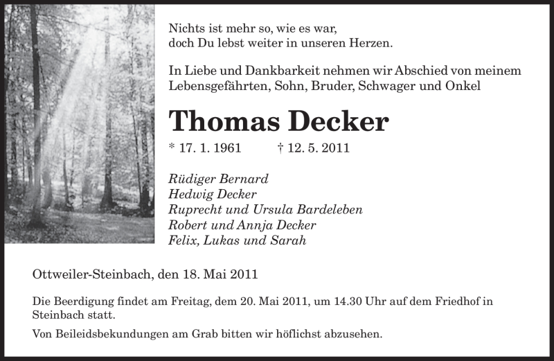  Traueranzeige für Thomas Decker vom 18.05.2011 aus SAARBRÜCKER ZEITUNG