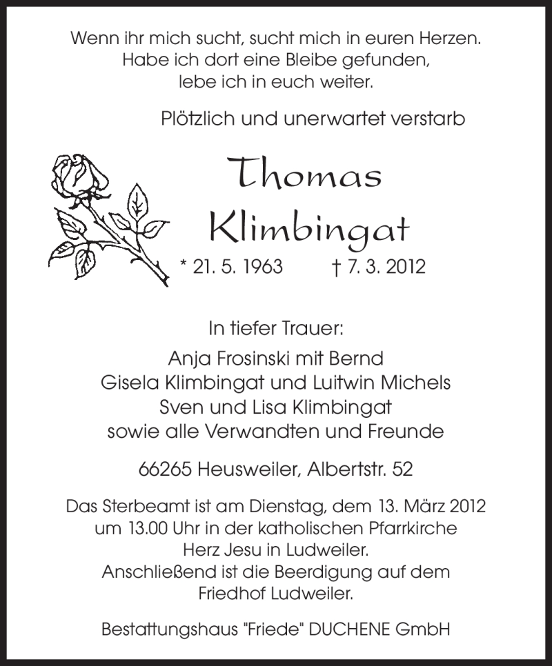  Traueranzeige für Thomas Klimbingat vom 10.03.2012 aus SAARBRÜCKER ZEITUNG