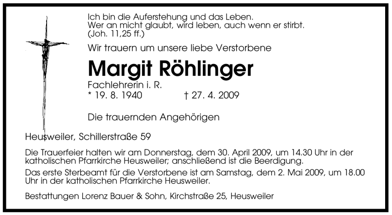  Traueranzeige für Margit Röhlinger vom 29.04.2009 aus SAARBRÜCKER ZEITUNG