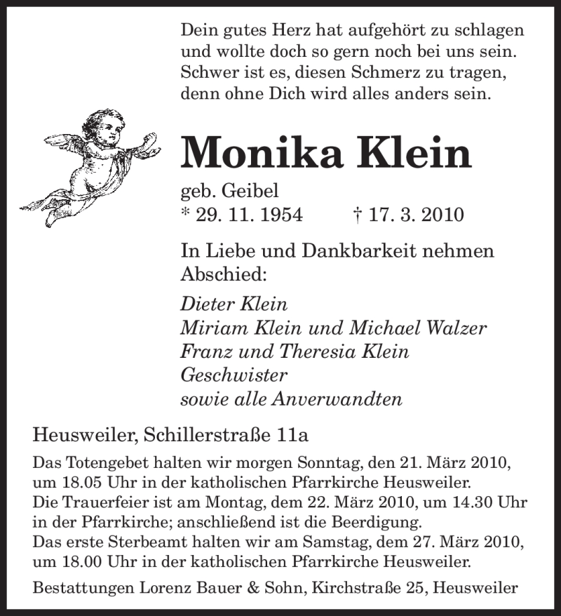  Traueranzeige für Monika Klein vom 20.03.2010 aus SAARBRÜCKER ZEITUNG