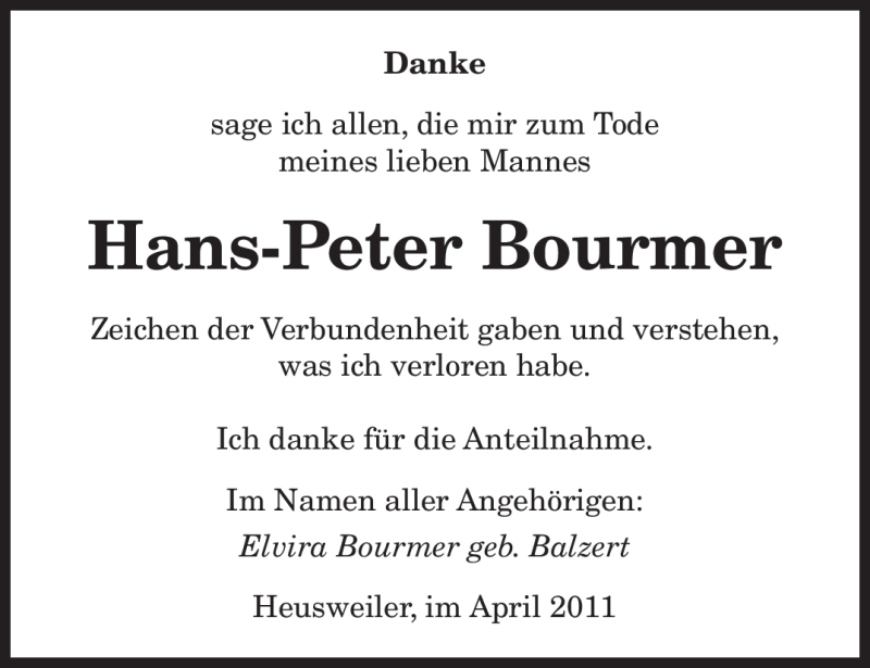  Traueranzeige für Hans-Peter Bourmer vom 09.04.2011 aus SAARBRÜCKER ZEITUNG
