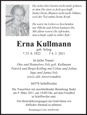 Traueranzeige von Erna Kullmann von SAARBRÜCKER ZEITUNG