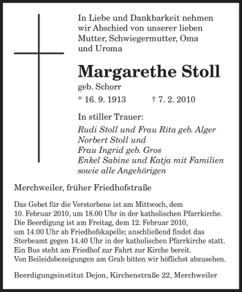 Traueranzeige von Margarethe Stoll von SAARBRÜCKER ZEITUNG