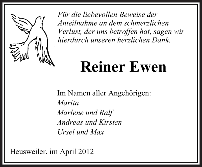  Traueranzeige für Reiner Ewen vom 28.04.2012 aus SAARBRÜCKER ZEITUNG