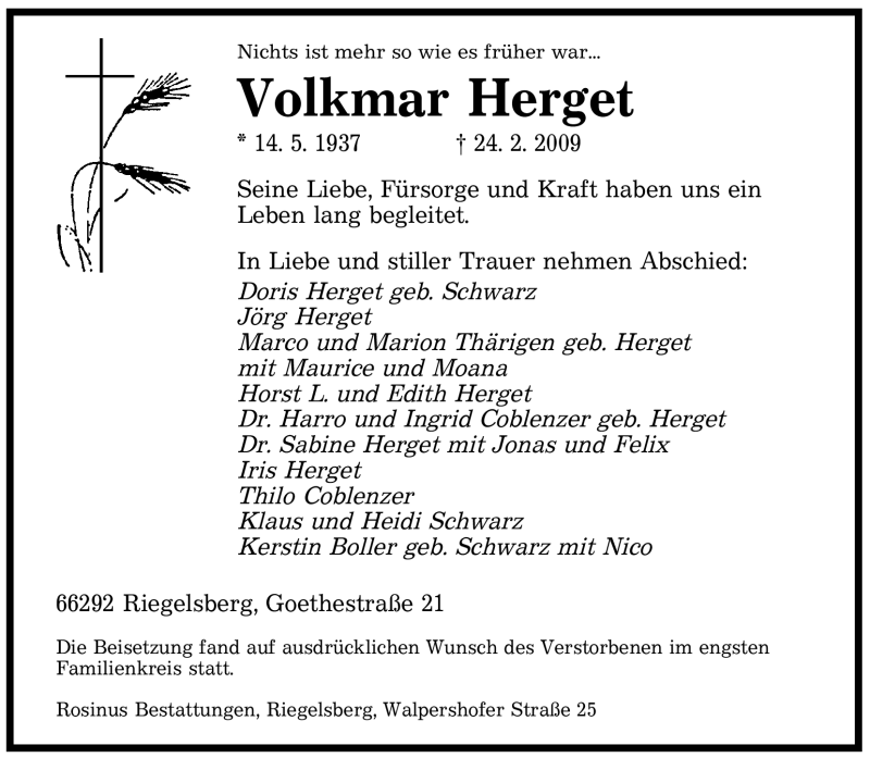  Traueranzeige für Volkmar Herget vom 04.03.2009 aus SAARBRÜCKER ZEITUNG