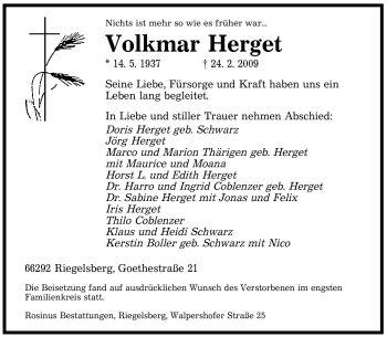 Traueranzeige von Volkmar Herget von SAARBRÜCKER ZEITUNG