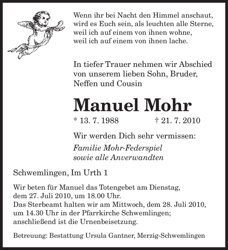  Traueranzeige für Manuel Mohr vom 26.07.2010 aus SAARBRÜCKER ZEITUNG