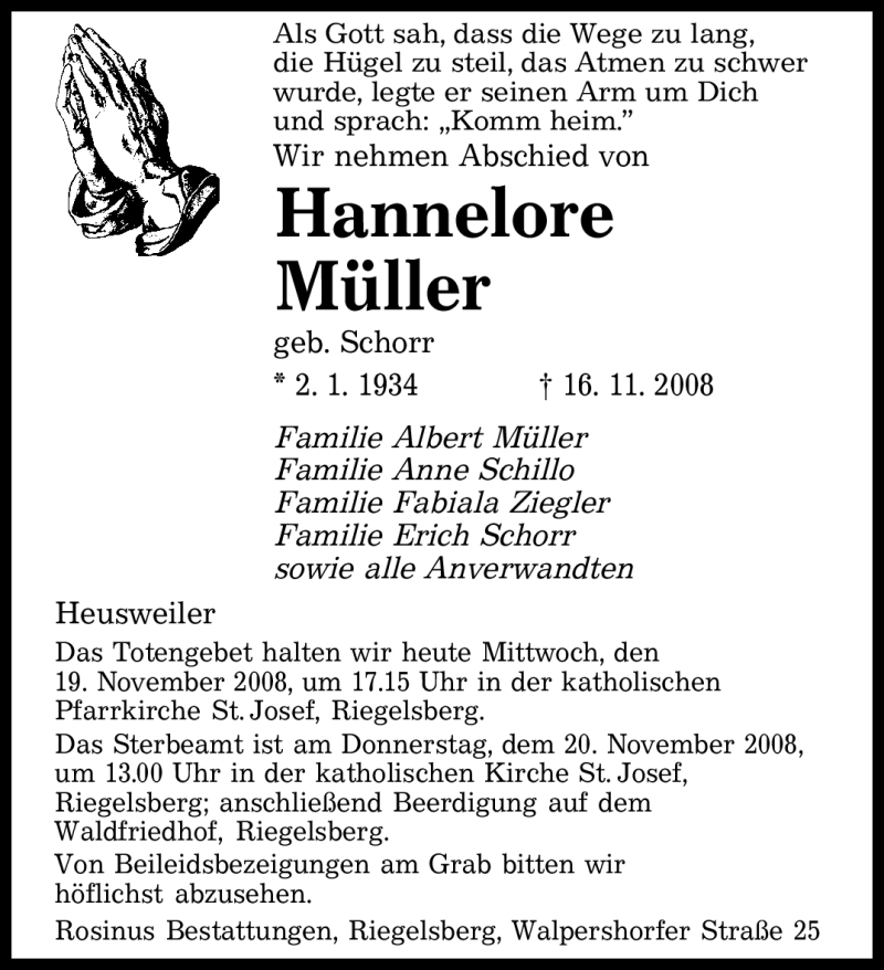 Traueranzeige für Hannelore Müller vom 19.11.2008 aus SAARBRÜCKER ZEITUNG