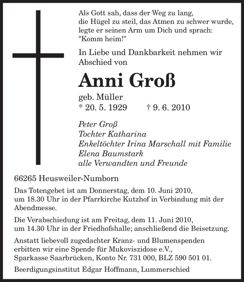  Traueranzeige für Anni Groß vom 10.06.2010 aus SAARBRÜCKER ZEITUNG
