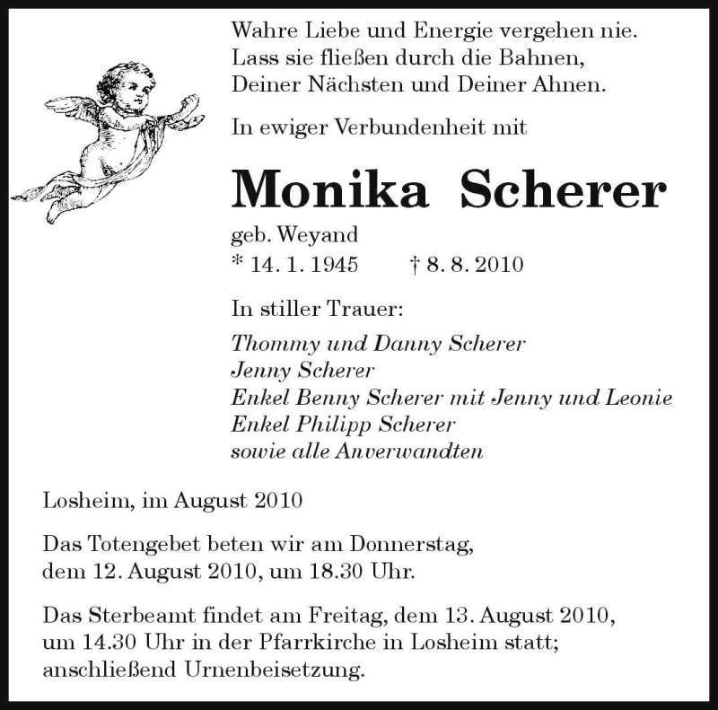  Traueranzeige für Monika Scherer vom 11.08.2010 aus 